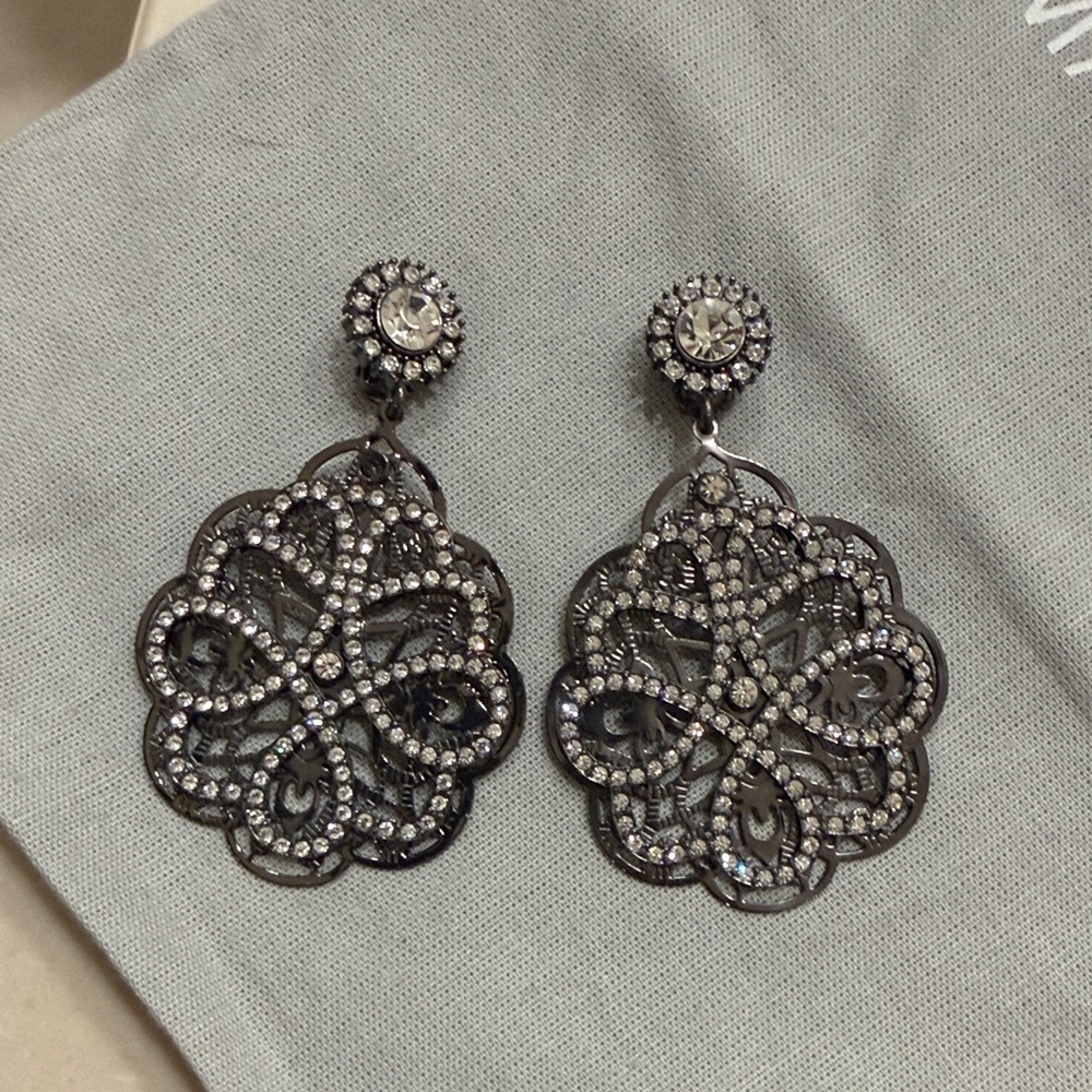Crystal Filigree Drop Earrings - Silver Tone